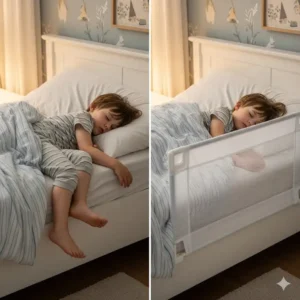 Ein Vergleichsbild, das die Sicherheit eines Bettgitters aus Stoff für Kinder gegenüber dem Schlafen ohne Schutz darstellt.