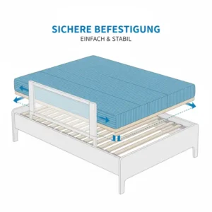 Ein Querschnittsdiagramm, das zeigt, wie ein bettgitter kinder 3 jahre sicher zwischen Matratze und Bettrahmen passt, um eine stabile Barriere zu schaffen.