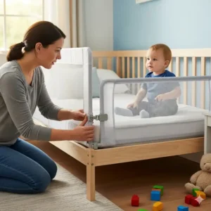 Ein Elternteil überprüft die sichere Verriegelung des hohen Bettgitters am Kinderbett.