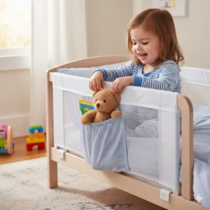 Ein Kind nutzt die Tasche am bettgitter kinder mit tasche, um ein Spielzeug zu verstauen.