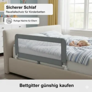 Kind schläft ruhig und sicher mit dem Bettschutzgitter. Bettgitter kinder günstig kaufen für mehr Sicherheit.