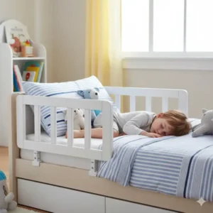 Ein Kind, das sicher in seinem Bett spielt, mit einem stabilen Bettgitter für Kinder, das IKEA-kompatibel ist.