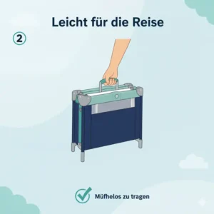 Die Hand einer Person trägt ein leichtes bettgitter kinder reisebett und betont dessen Eignung für Reisen.