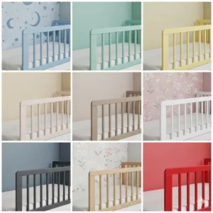 Ein Bild, das die verschiedenen Farboptionen für das bettgitter kinder 160 cm präsentiert, passend für jedes Kinderzimmer-Thema.