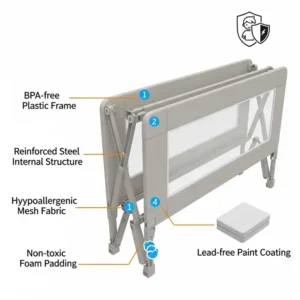 Ein Diagramm, das die kindersicheren, ungiftigen Materialien zeigt, die beim Bau eines beliebten bettgitter kinder klappbar verwendet werden.