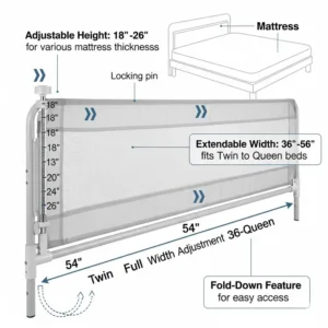 Eine technische Zeichnung, die die verstellbaren Maße des Bettgitters aus Stoff für Kinder darstellt, um Kompatibilität zu betonen.