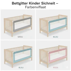 Collage von Bettgitter Kinder Sicherheit-Modellen in verschiedenen Farben: grau, blau, und rosa.