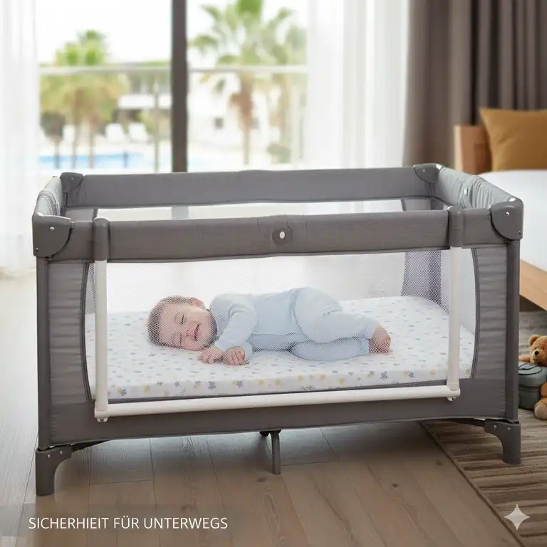 Tragbares Bettgitter Baby Reisebett Sicherheit für ruhigen Schlaf im Urlaub.