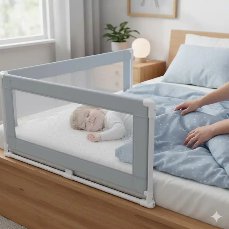 Das Bettgitter Baby seitlich klappbar sichert ein Kleinkind, das im Elternbett schläft.