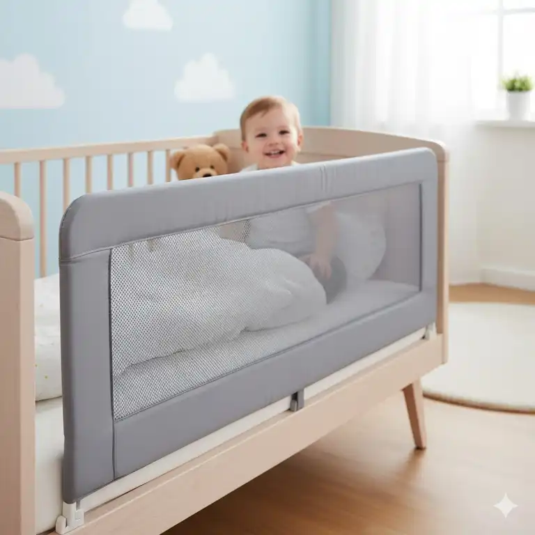 Bettgitter Baby Stoff abnehmbar, in Grau, bietet sicheren Rausfallschutz für das Kleinkind.