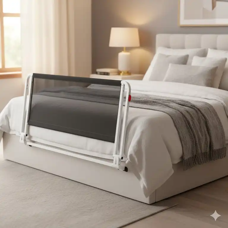 Bettgitter Erwachsene klappbar zur Sturzprophylaxe und als stabile Aufstehhilfe am modernen Bett.