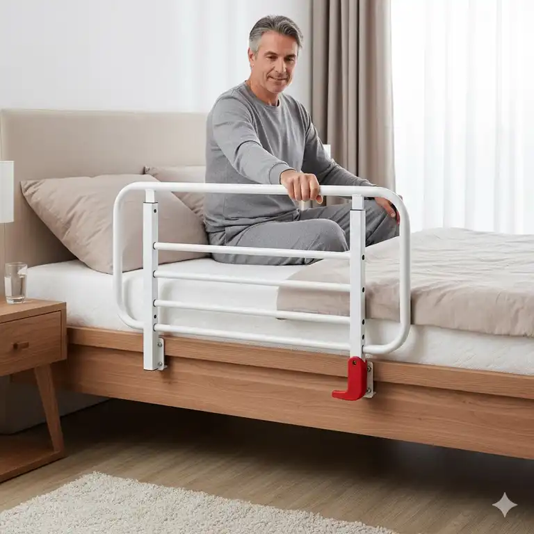 Hochwertiges Bettgitter erwachsene metall mit einfacher Klappfunktion und Sicherheitsarretierung.