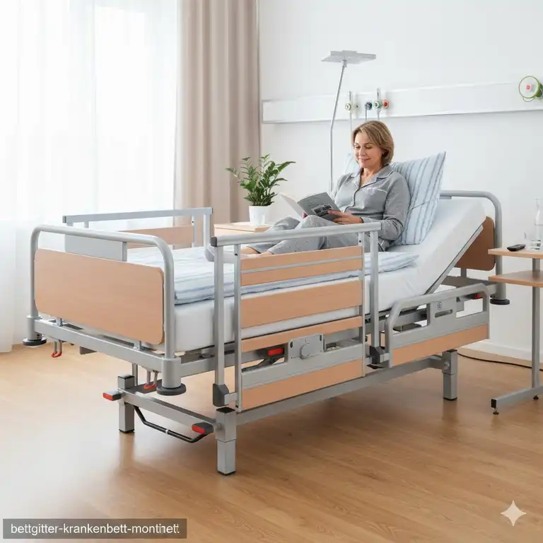 Sicheres bettgitter für krankenbett montiert und einsatzbereit. Sturzprävention im Krankenhaus.