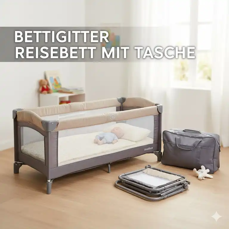 Ein Bettgitter Reisebett mit Tasche, kompakt zusammengeklappt, bereit für den Transport und einfache Lagerung.