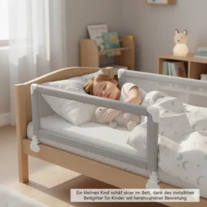 Ein kleines Kind schläft sicher im Bett, dank des installierten Bettgitter für Kinder mit hervorragender Bewertung.