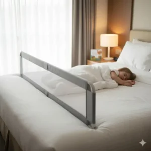 Kleinkind schläft sicher im Hotelbett mit montiertem Bettgitter Reisebett leicht (Rausfallschutz).