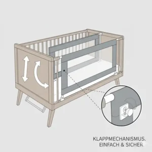 Detailansicht des Klappmechanismus: Das bettgitter babybett klappbar lässt sich einfach absenken.