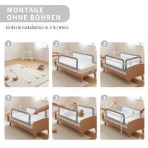Anleitung zur Montage eines Bettgitter Baby ohne Bohren am Kinderbett, einfache Befestigung.