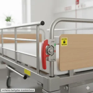 Detailansicht des Verschlussmechanismus vom bettgitter für krankenbett zur Patientensicherheit.