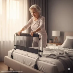Seniorin nutzt das Bettgitter Erwachsene klappbar zum sicheren Aufstehen aus dem Bett.