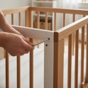Detailansicht der einfachen Befestigung für das Bettgitter Baby Holz Natur.