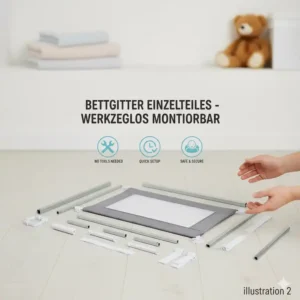 Die Originalverpackung des bettgitter baby leicht montierbar vor dem Auspacken.