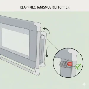 Nahaufnahme des Klappmechanismus des Bettgitter Baby seitlich klappbar beim Herunterklappen.
