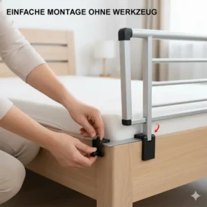 Bebilderte Anleitung zur einfachen und werkzeuglosen Montage des Bettgitter für Seniorenbett ohne Bohren.