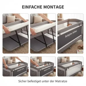 Einfache Montage vom bettgitter reisebett faltbar zwischen Matratze und Rahmen im Kinderreisebett.