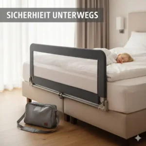 Das Bettgitter Reisebett mit Tasche wird als sicheres Bettgitter am Elternbett verwendet, um Schutz vor dem Herausfallen zu bieten.