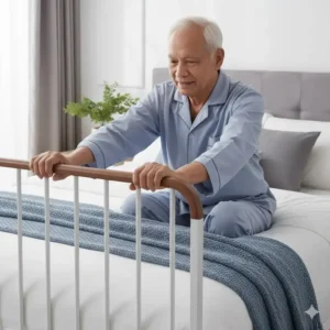 Ältere Person nutzt das bettgitter seniorenbett hoch als zuverlässige Aufstehhilfe.