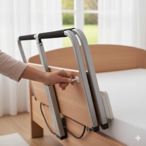 Das Bettgitter Seniorenbett verstellbar mit praktischem Klappmechanismus, um den Ausstieg zu erleichtern.