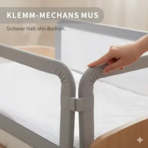 Nahaufnahme des Klemm-Mechanismus für das Bettgitter Baby ohne Bohren, zeigt den stabilen Halt.