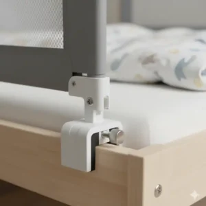 Detailaufnahme des sicheren Montagesystems eines Kinder Bettgitters, das in Bewertungen oft gelobt wird.