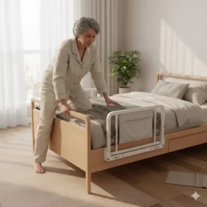 Älterer mensch nutzt bettgitter seniorenbett sicherheit als praktische aufstehhilfe