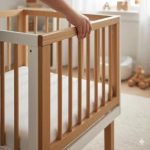 Klappbares Bettgitter Baby Holz Natur in hellem Holzton, ideal für Reisen und unterwegs.
