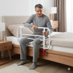 Langes, fest installiertes Bettgitter erwachsene metall als zuverlässiger Rausfallschutz.