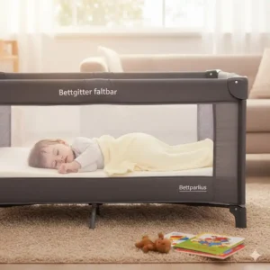 Ein Kind schläft sicher im reisebett dank dem stabilen bettgitter faltbar.