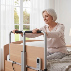Ein Senior nutzt das stabile Bettgitter Seniorenbett verstellbar als zuverlässige Aufstehhilfe.