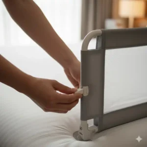 Detailaufnahme des einfachen Faltmechanismus von Bettgitter Reisebett leicht.