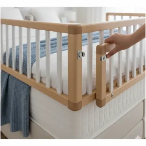 Nahaufnahme der Kindersicherung am praktischen, klappbaren bettgitter babybett hoch.