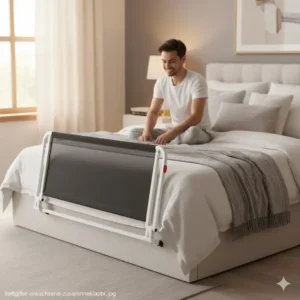 Das Bettgitter Erwachsene klappbar in vollständig heruntergeklappter Position für einfachen Ein- und Ausstieg.