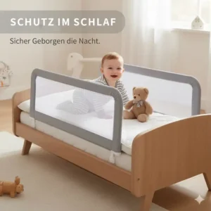 Bettgitter Baby ohne Bohren auf einem Kleinkindbett montiert, schützt das Kind beim Schlafen.
