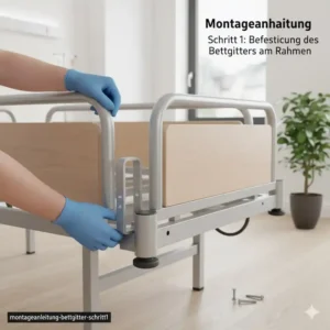 Schritt 1 der Montage: Anbringen des bettgitter für krankenbett am Rahmen.