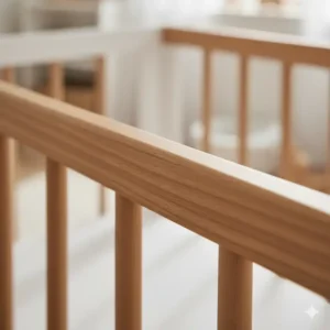 Nahaufnahme der Holzmaserung des Bettgitter Baby Holz Natur Produkts.