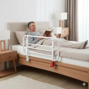 Langes, fest installiertes Bettgitter erwachsene metall als zuverlässiger Rausfallschutz.