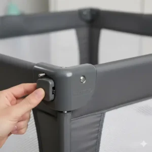 Detailaufnahme des Klappmechanismus des bettgitter reisebett faltbar für schnelle Handhabung.