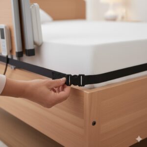 Darstellung der sicheren Gurtbefestigung für das Bettgitter Seniorenbett verstellbar am Lattenrost.