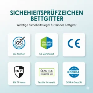 Wichtige Sicherheits- und Prüfzeichen für Kinder Bettgitter, auf die Eltern bei der Bewertung achten sollten.