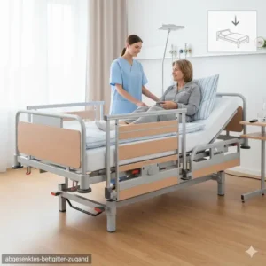 Abgesenktes bettgitter für krankenbett zur Erleichterung von Pflege und Zugang.